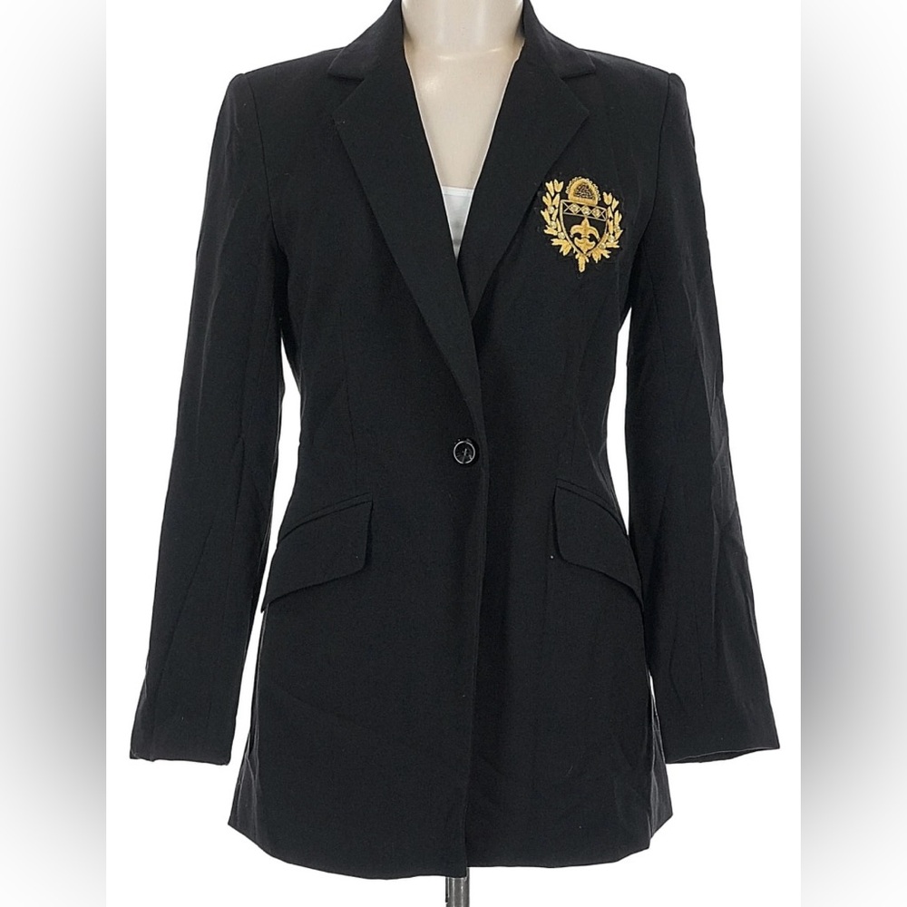 Women’s Andrea Behar Classic Black Blazer with Gold Crest - Size 14